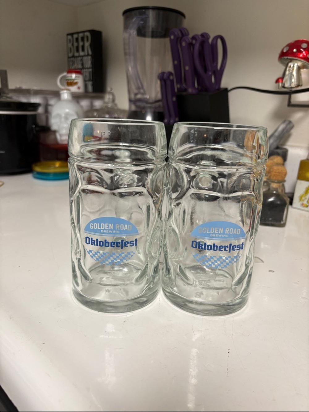 Clear Glass Oktoberfest Mugs with Blue Logo (Set of 2)